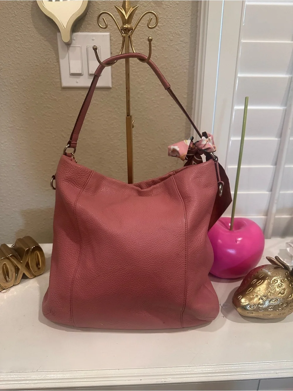Pink Leather Hobo Bag with Floral Scarf Accent
